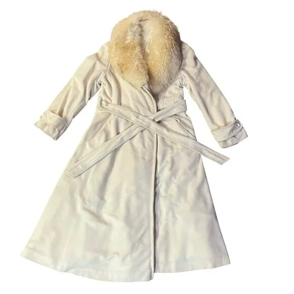 Vintage Kashmiracle Coat Womens S/M? Cream Fur Collar Used Long Belted Coat Uniq - Picture 3 of 16